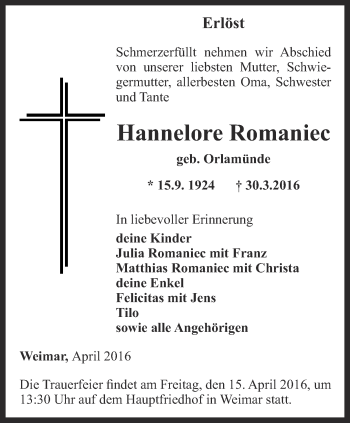 Traueranzeige von Hannelore Romaniec von Thüringer Allgemeine, Thüringische Landeszeitung