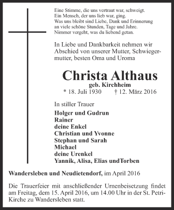 Traueranzeige von Christa Althaus von Ostthüringer Zeitung, Thüringische Landeszeitung