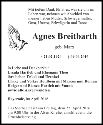 Traueranzeige von Agnes Breitbarth von Thüringer Allgemeine, Thüringische Landeszeitung