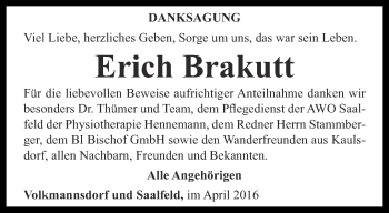 Traueranzeige von Erich Brakutt von Ostthüringer Zeitung