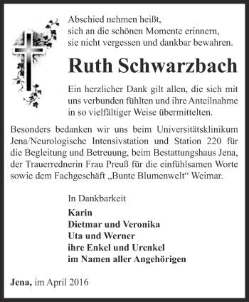 Traueranzeige von Ruth Schwarzbach von Ostthüringer Zeitung, Thüringische Landeszeitung