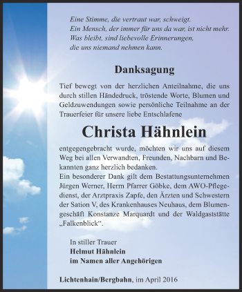 Traueranzeige von Christa Hähnlein von Ostthüringer Zeitung