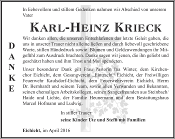 Traueranzeige von Karl-Heinz Krieck von Ostthüringer Zeitung