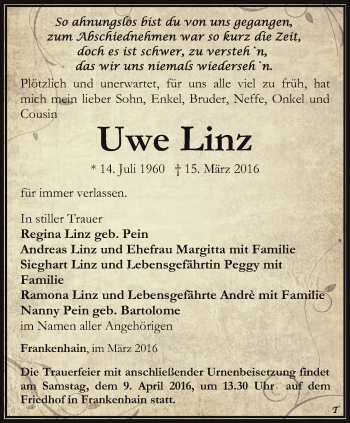 Traueranzeige von Uwe Linz von Thüringer Allgemeine