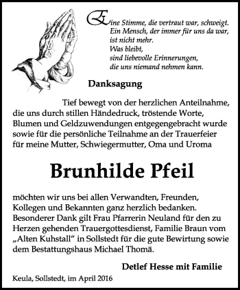 Traueranzeige von Brunhilde Pfeil von Thüringer Allgemeine, Thüringische Landeszeitung