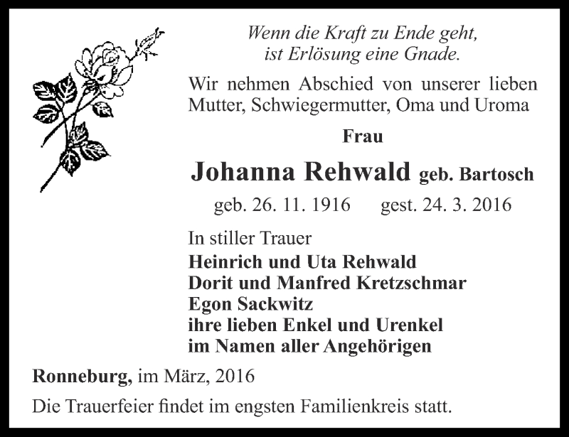  Traueranzeige für Johanna Rehwald vom 02.04.2016 aus Ostthüringer Zeitung