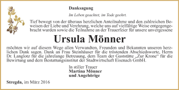 Traueranzeige von Ursula Mönner von Thüringer Allgemeine, Thüringische Landeszeitung