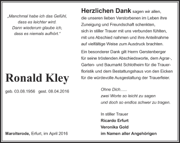 Traueranzeige von Ronald Kley von Thüringer Allgemeine, Thüringische Landeszeitung