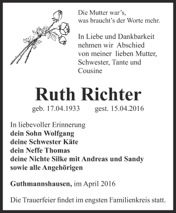 Traueranzeige von Ruth Richter von Thüringer Allgemeine