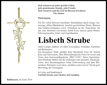 Traueranzeige von Lisbeth Strube von Thüringer Allgemeine, Thüringische Landeszeitung