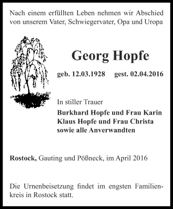 Traueranzeige von Georg Hopfe von Ostthüringer Zeitung