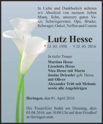 Traueranzeige von Lutz Hesse von Thüringer Allgemeine