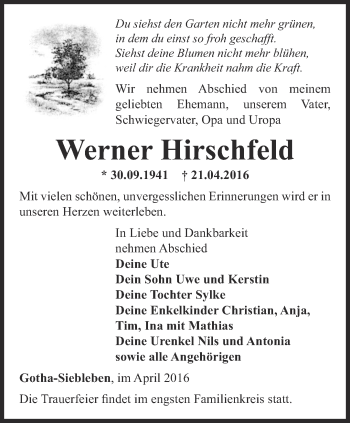 Traueranzeige von Werner Hirschfeld von Ostthüringer Zeitung, Thüringische Landeszeitung