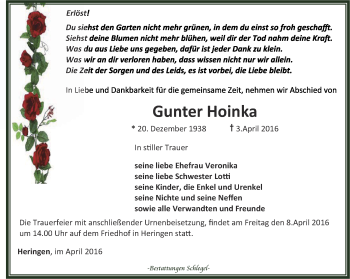 Traueranzeige von Gunter Hoinka von Thüringer Allgemeine
