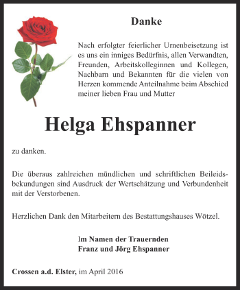 Traueranzeige von Helga Ehspanner von Ostthüringer Zeitung