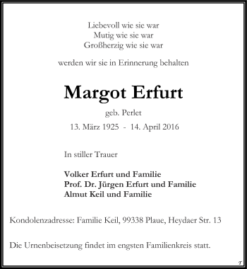 Traueranzeige von Margot Erfurt von Thüringer Allgemeine