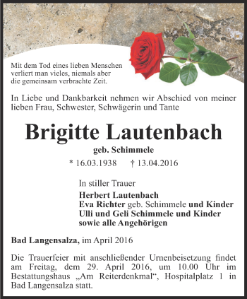 Traueranzeige von Brigitte Lautenbach von Thüringer Allgemeine, Thüringische Landeszeitung