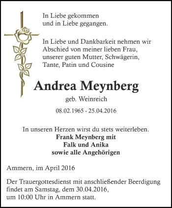 Traueranzeige von Andrea Meynberg von Thüringer Allgemeine, Thüringische Landeszeitung