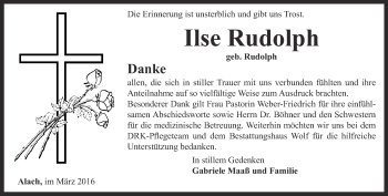 Traueranzeige von Ilse Rudolph von Thüringer Allgemeine, Thüringische Landeszeitung