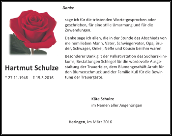 Traueranzeige von Hartmut Schulze von Thüringer Allgemeine