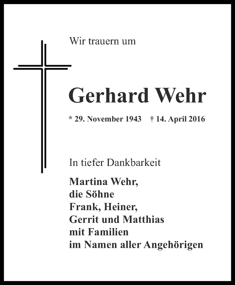  Traueranzeige für Gerhard Wehr vom 21.04.2016 aus Ostthüringer Zeitung