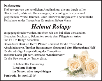 Traueranzeige von Helmut Rolapp von Ostthüringer Zeitung, Thüringische Landeszeitung