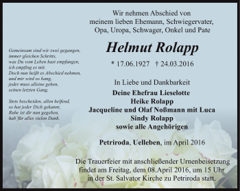 Traueranzeige von Helmut Rolapp von Ostthüringer Zeitung, Thüringische Landeszeitung