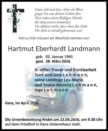 Traueranzeige von Hartmut Eberhardt Landmann von Ostthüringer Zeitung