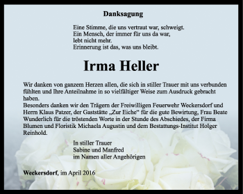 Traueranzeige von Irma Heller von Ostthüringer Zeitung