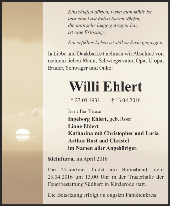 Traueranzeige von Willi Ehlert von Thüringer Allgemeine