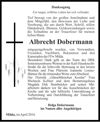 Traueranzeige von Albrecht Dobermann von Ostthüringer Zeitung, Thüringische Landeszeitung