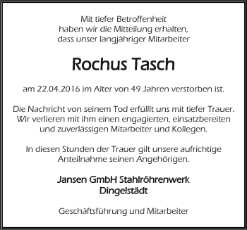 Traueranzeige von Rochus Tasch von Thüringer Allgemeine, Thüringische Landeszeitung