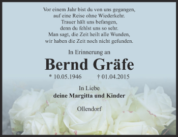 Traueranzeige von Bernd Gräfe von Thüringer Allgemeine, Thüringische Landeszeitung