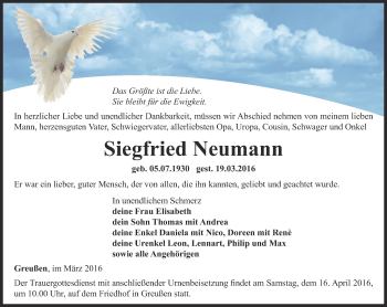 Traueranzeige von Siegfried Neumann von Thüringer Allgemeine