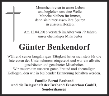 Traueranzeige von Günter Benkendorf von Thüringer Allgemeine