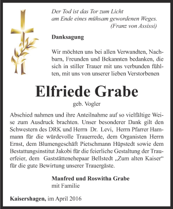 Traueranzeige von Elfriede Grabe von Thüringer Allgemeine, Thüringische Landeszeitung
