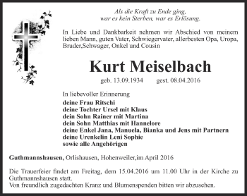 Traueranzeige von Kurt Meiselbach von Thüringer Allgemeine