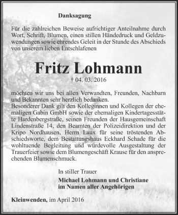 Traueranzeige von Fritz Lohmann von Thüringer Allgemeine