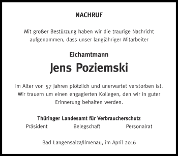Traueranzeige von Jens Poziemski von Thüringer Allgemeine