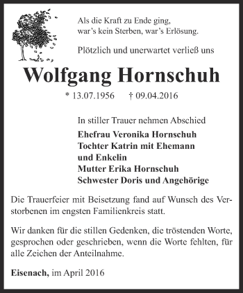 Traueranzeige von Wolfgang Hornschuh von Thüringer Allgemeine, Thüringische Landeszeitung