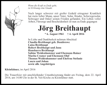 Traueranzeige von Jörg Breihaupt von Thüringer Allgemeine, Thüringische Landeszeitung