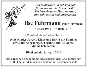Traueranzeige von Ilse Fuhrmann von Thüringer Allgemeine, Thüringische Landeszeitung
