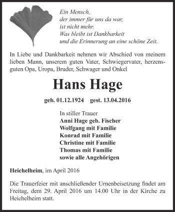 Traueranzeige von Hans Hage von Thüringer Allgemeine, Thüringische Landeszeitung