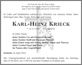 Traueranzeige von Karl-Heinz Krieck von Ostthüringer Zeitung