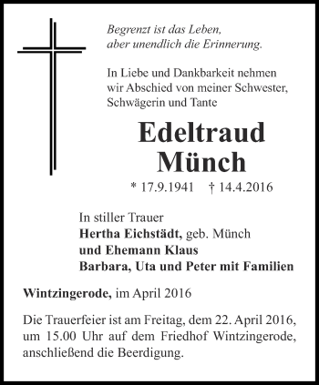 Traueranzeige von Edeltraud Münch von Thüringer Allgemeine