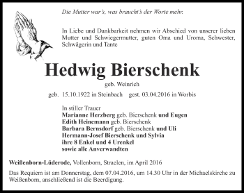 Traueranzeige von Hedwig Bierschenk von Thüringer Allgemeine