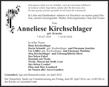 Traueranzeige von Anneliese Kirchschlager von Ostthüringer Zeitung