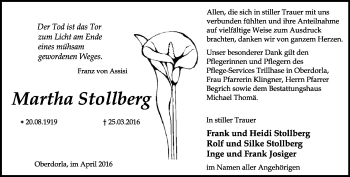 Traueranzeige von Martha Stollberg von Thüringer Allgemeine, Thüringische Landeszeitung