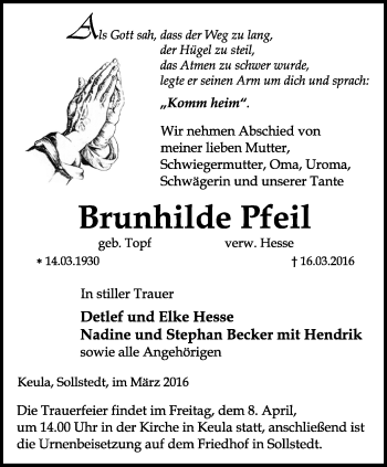 Traueranzeige von Brunhilde Pfeil von Thüringer Allgemeine, Thüringische Landeszeitung