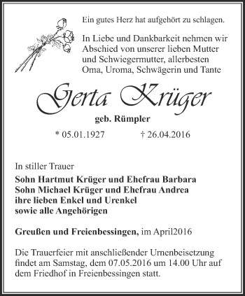 Traueranzeige von Gerta Krüger von Thüringer Allgemeine